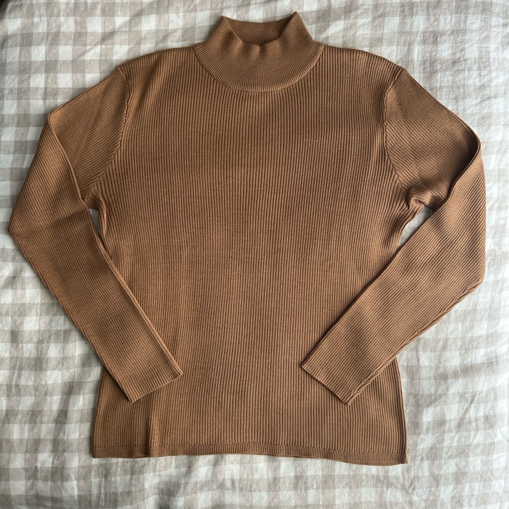 Coldwater Creek Silk Cotton Ribbed Mock Turtleneck Camel Layering Basic - Picture 2 of 5